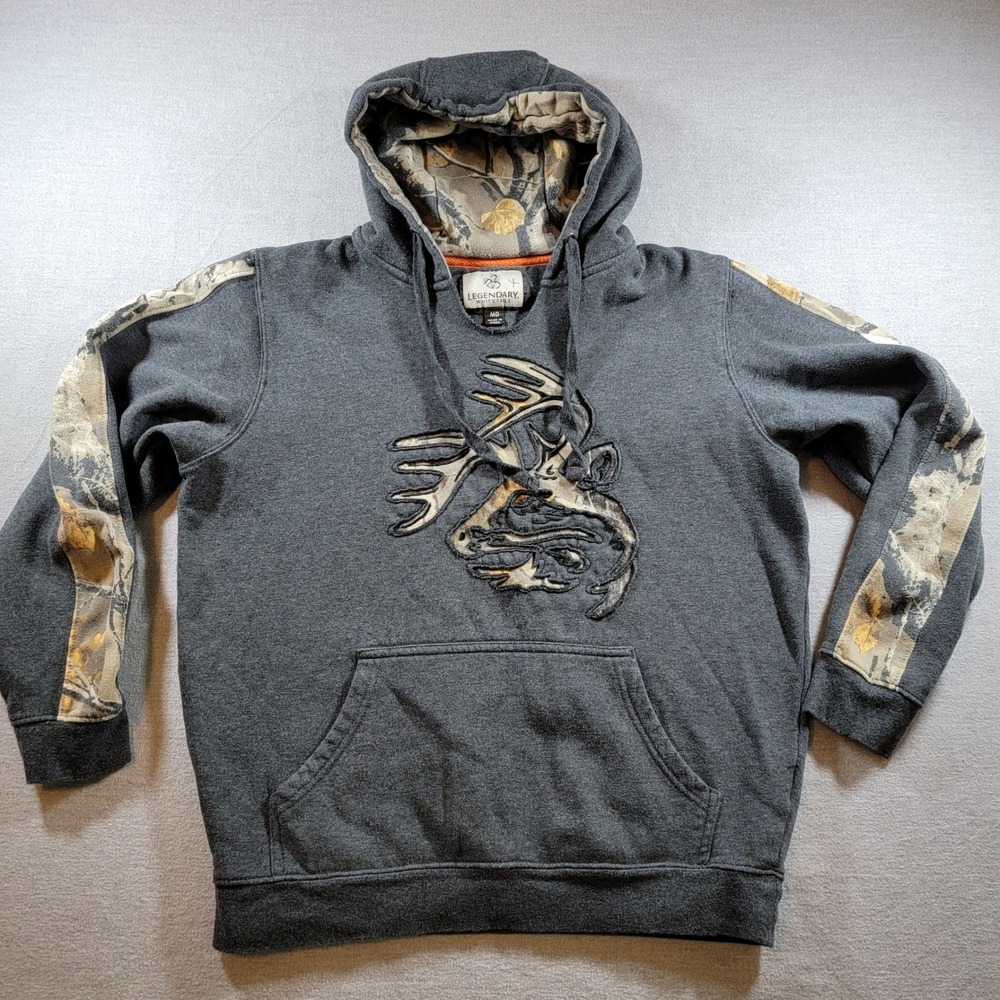 Legendary Whitetails Hoodie Mens MD Gray Camo Buck Logo Pullover Sweatshirt